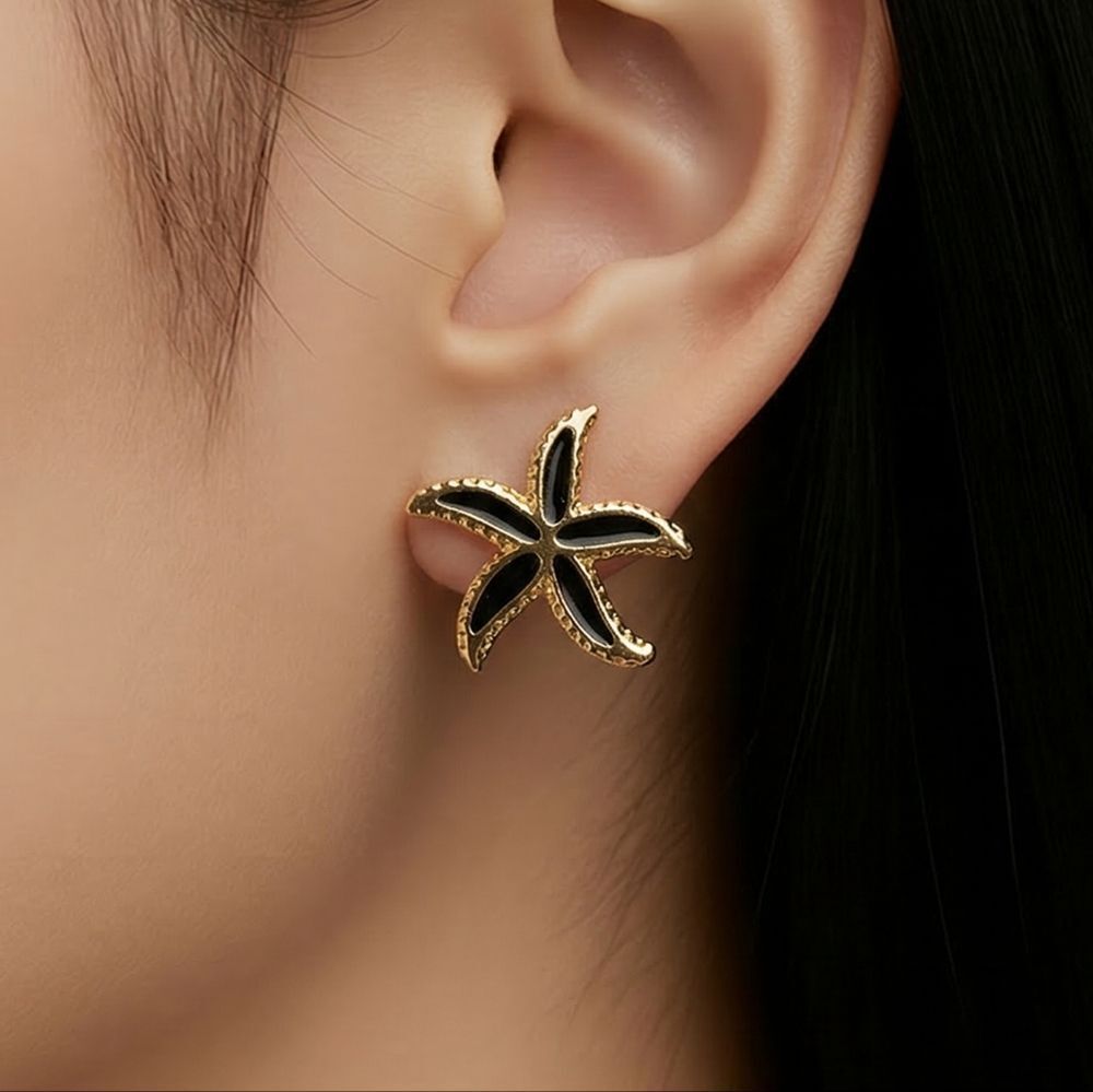 Gold Starfish Stud Earrings Black Enamel Nautical Stainless Steel Cruise Beach